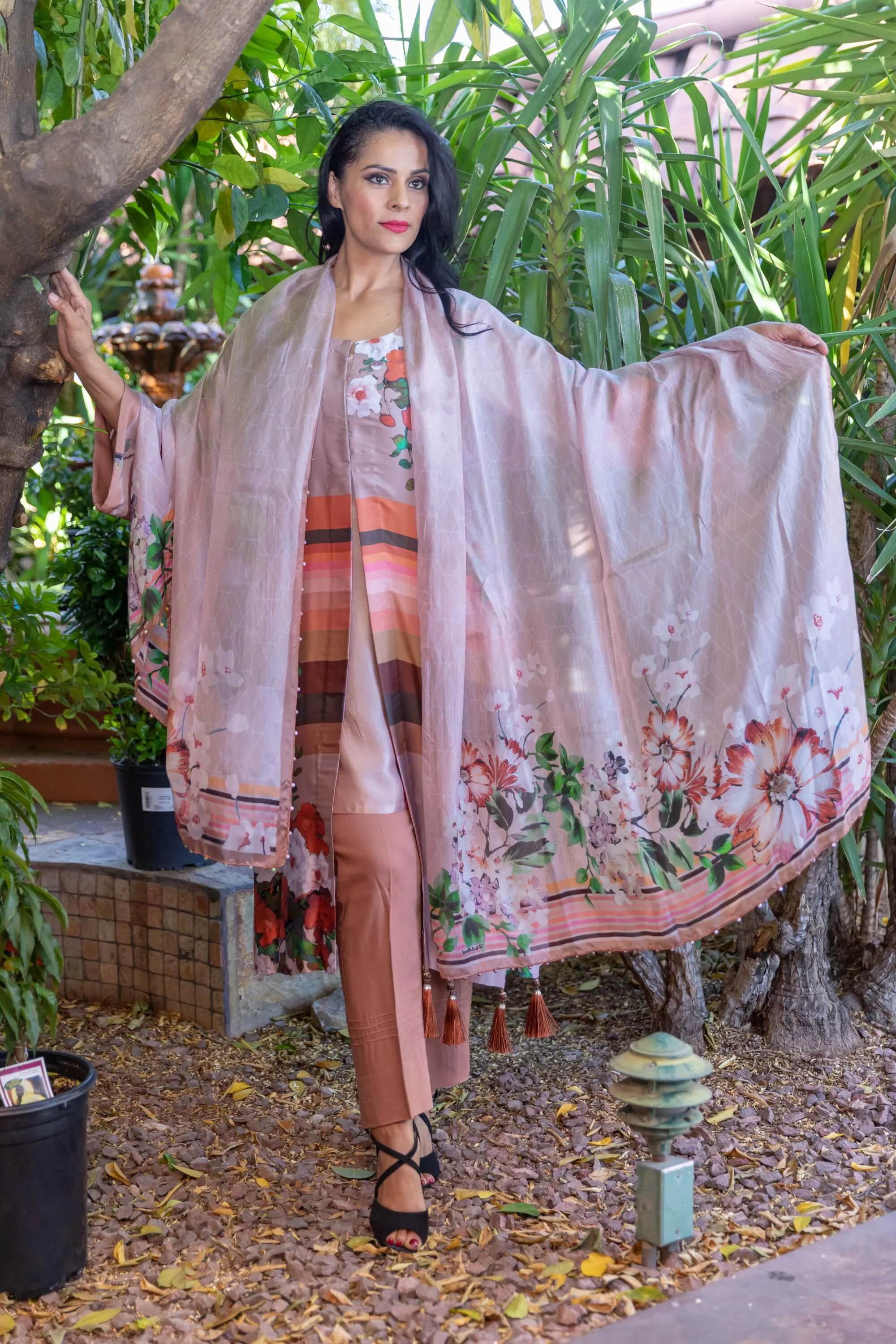 Peach Long Silk Dress With Printed Flowers