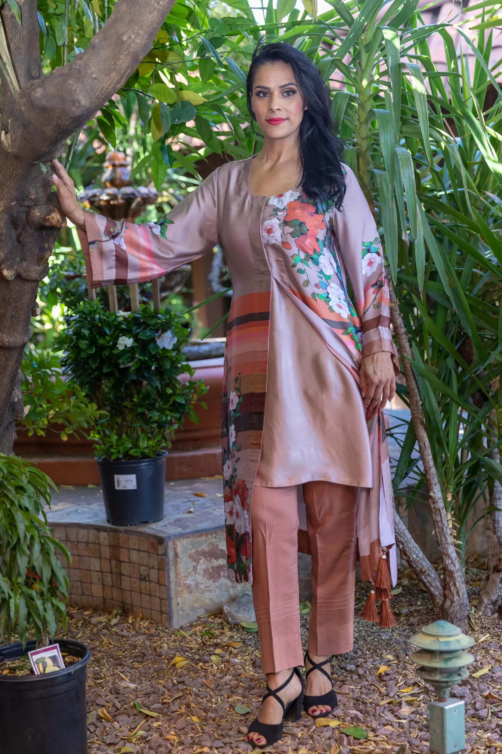 Peach Long Silk Dress With Printed Flowers