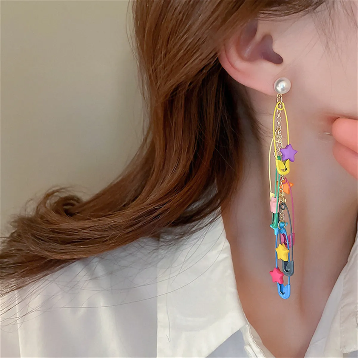 Pearl & Blue Acrylic Star Clip Tassel Drop Earring