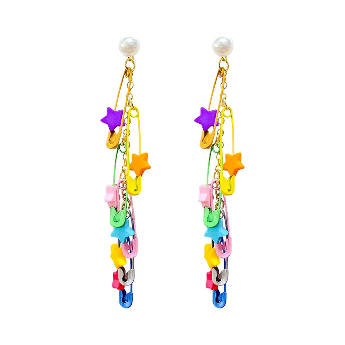Pearl & Blue Acrylic Star Clip Tassel Drop Earring