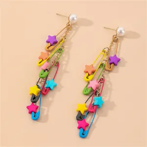 Pearl & Blue Acrylic Star Clip Tassel Drop Earring