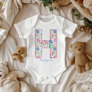 Personalised Name Colorful Flowers Pattern Baby Bodysuit