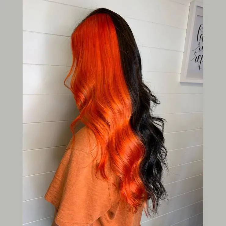Peruvian Hair Lace Front Wig Half Black Half Orange Color Body Wavy