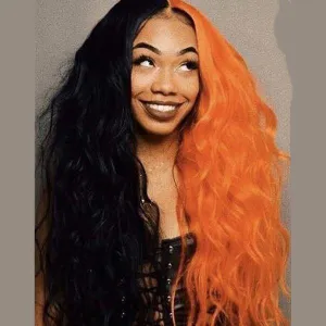 Peruvian Hair Lace Front Wig Half Black Half Orange Color Body Wavy