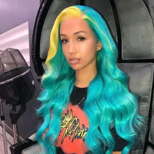 Peruvian Hair Lace Front Wig Lake Blue Color Yellow Highlight