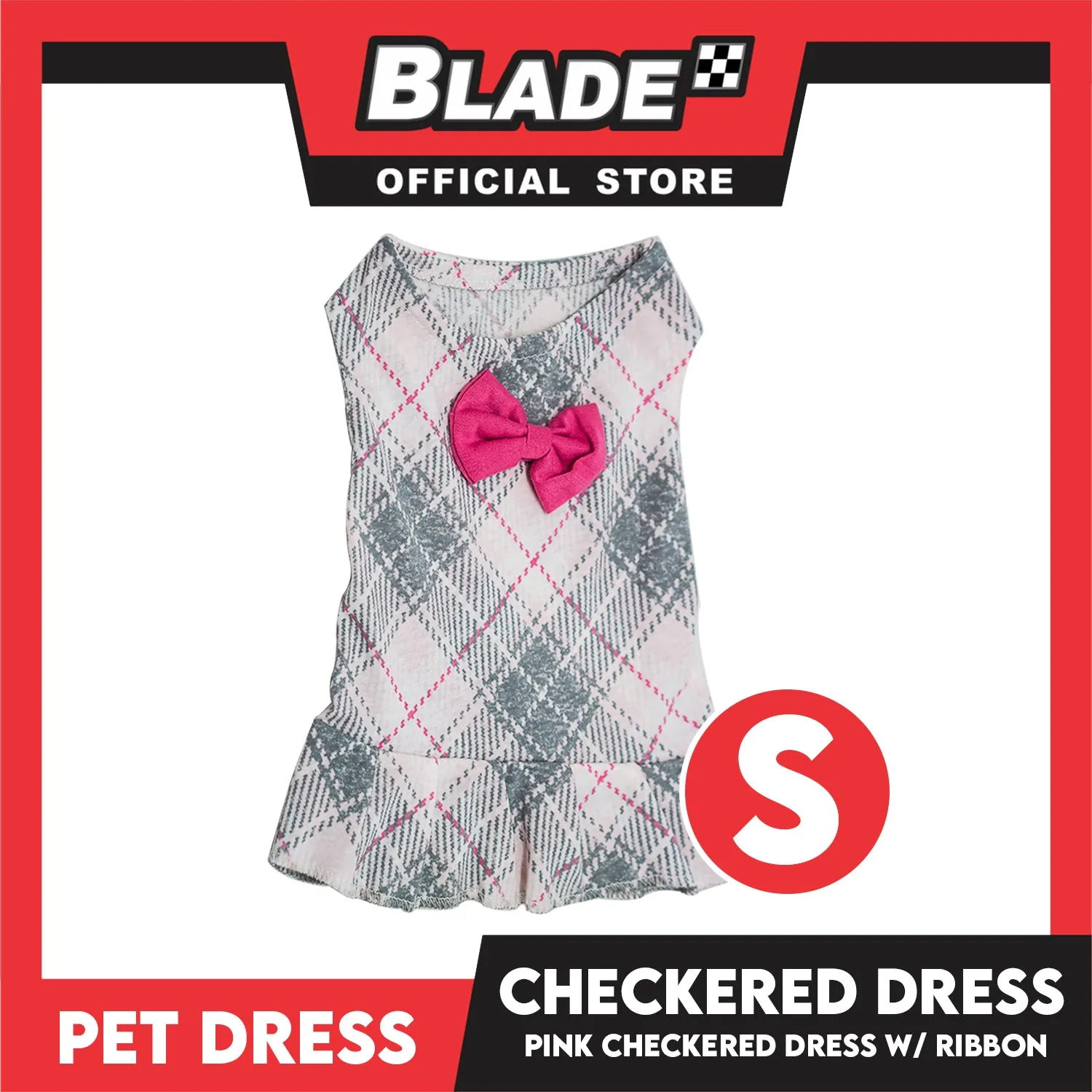 Pet Cloth Pink Checkered Dress with Pink Ribbon Design (Small)
