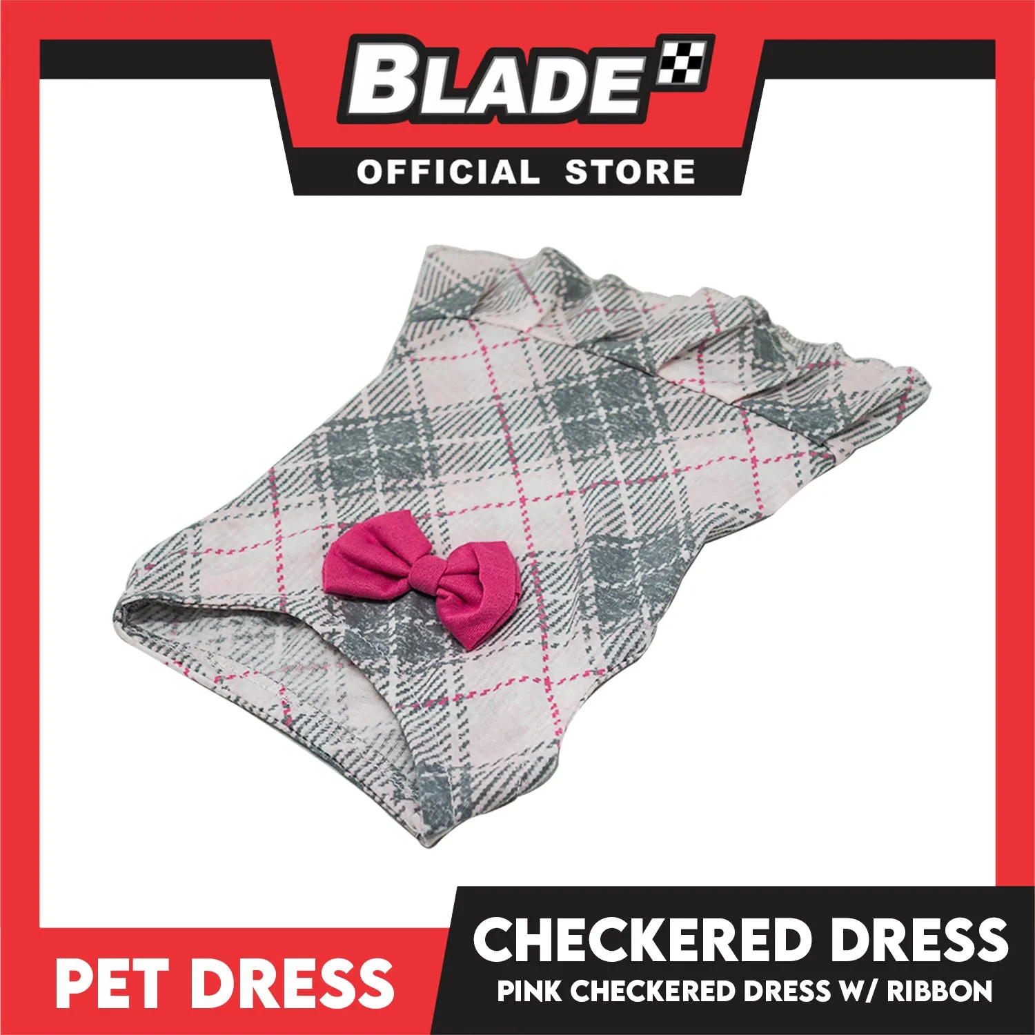 Pet Cloth Pink Checkered Dress with Pink Ribbon Design (Small)