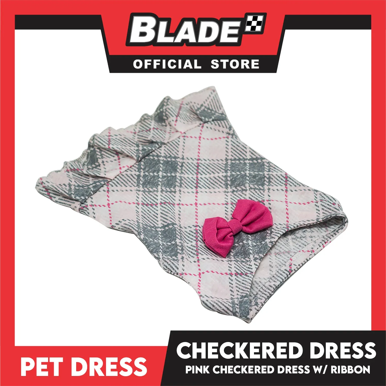 Pet Cloth Pink Checkered Dress with Pink Ribbon Design (Small)