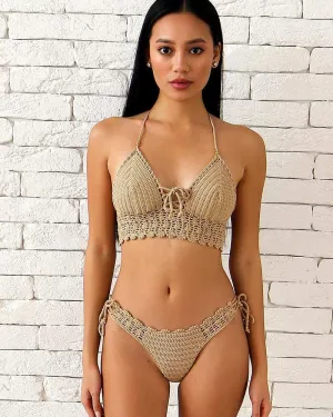 Pomelo Lace Boho Crochet Bikini Top And Bottom With Beads