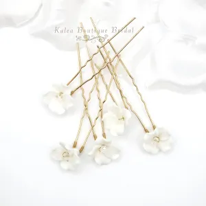 Porcelain Flower 5 PC Hairpin Set, Wedding Ceramic Floral U Hair Pins, Bridal White Flower Hand Wired Hairpins, Set of 5 PC