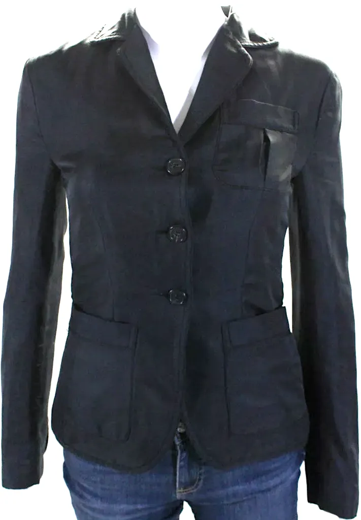Prada Italy. Black Silk Twill Button Up Blazer Jacket