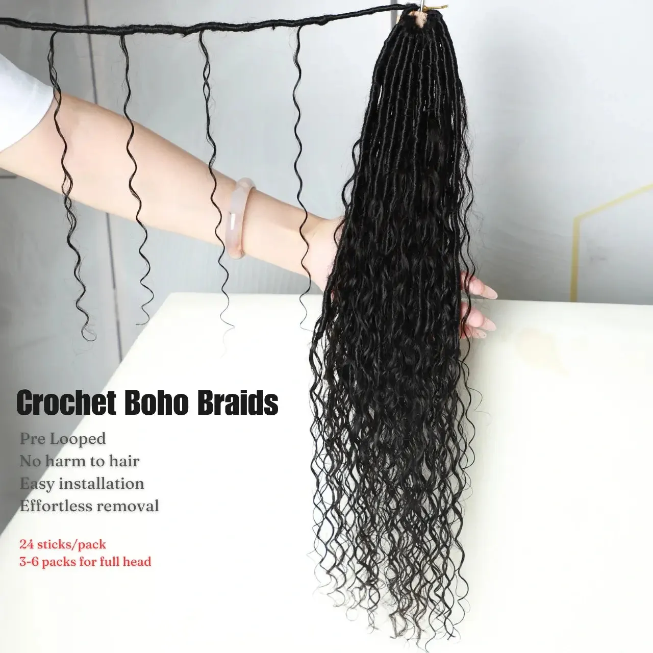 Pre-looped Crochet Boho Locs With Deep Wave Hair Curls