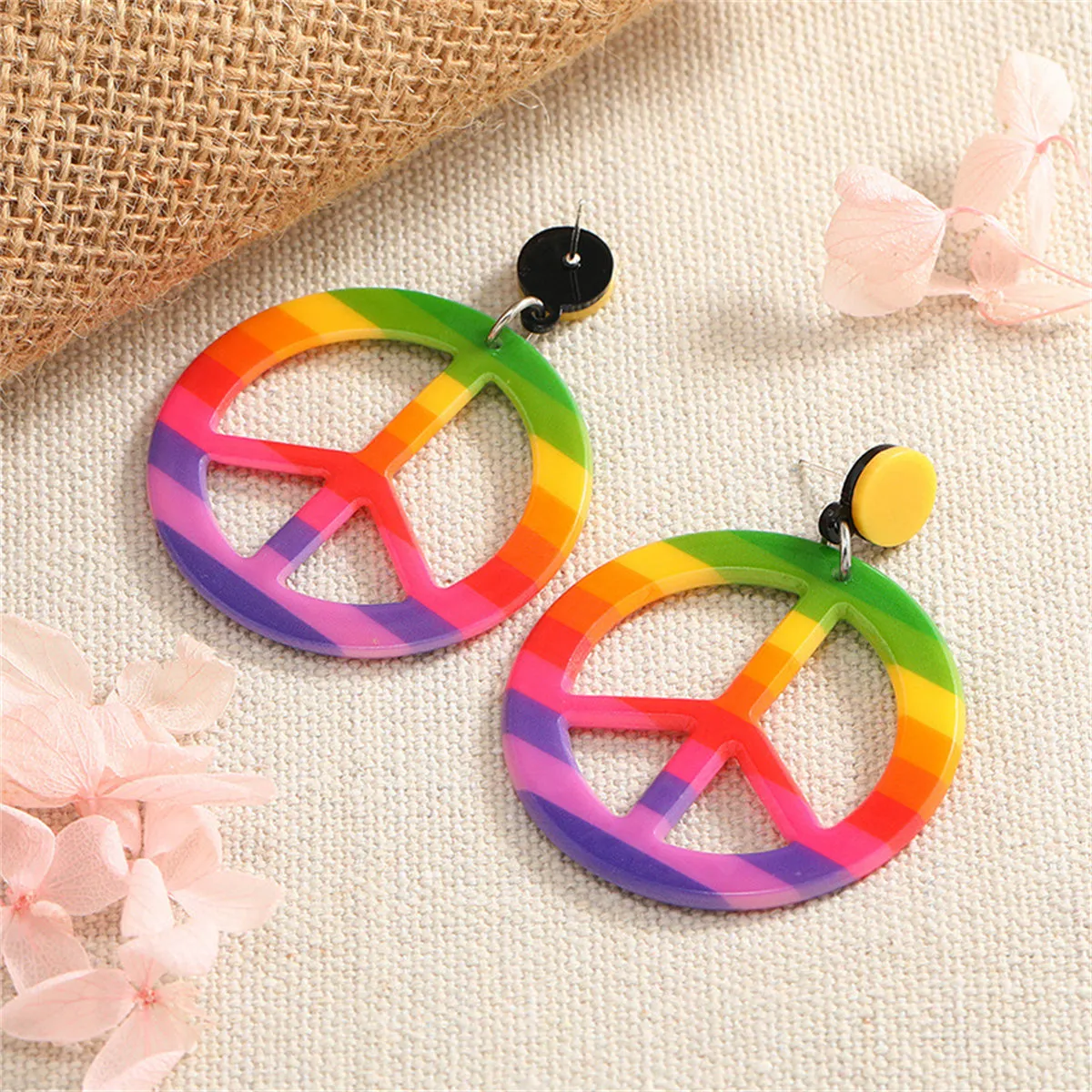 Purple & Green Multicolor Peace Sign Drop Earrings