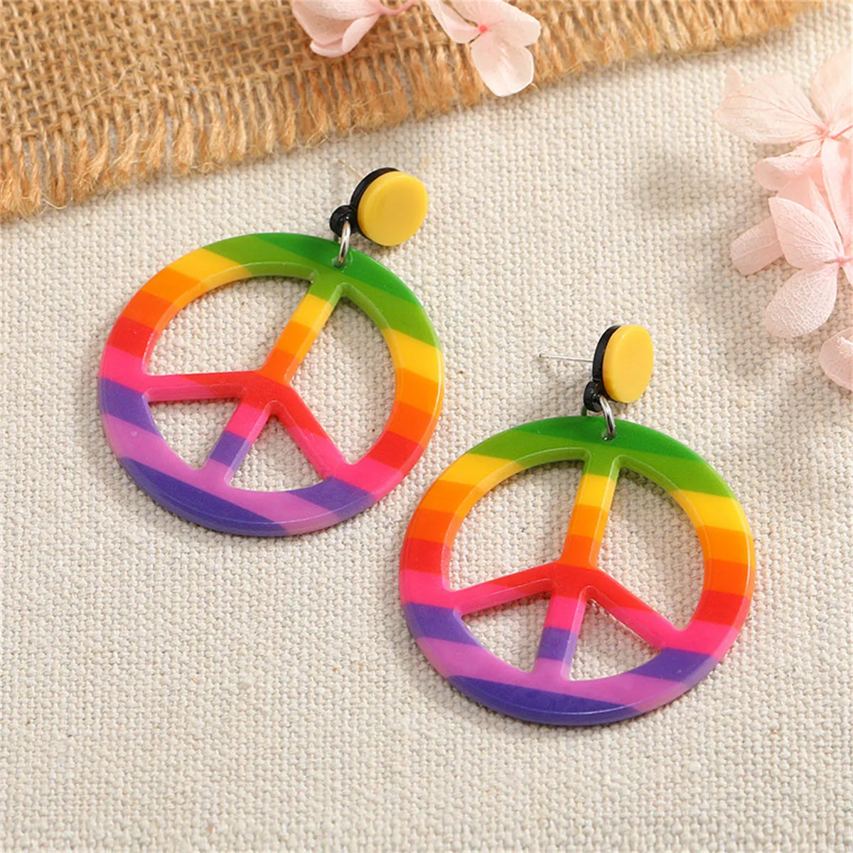 Purple & Green Multicolor Peace Sign Drop Earrings