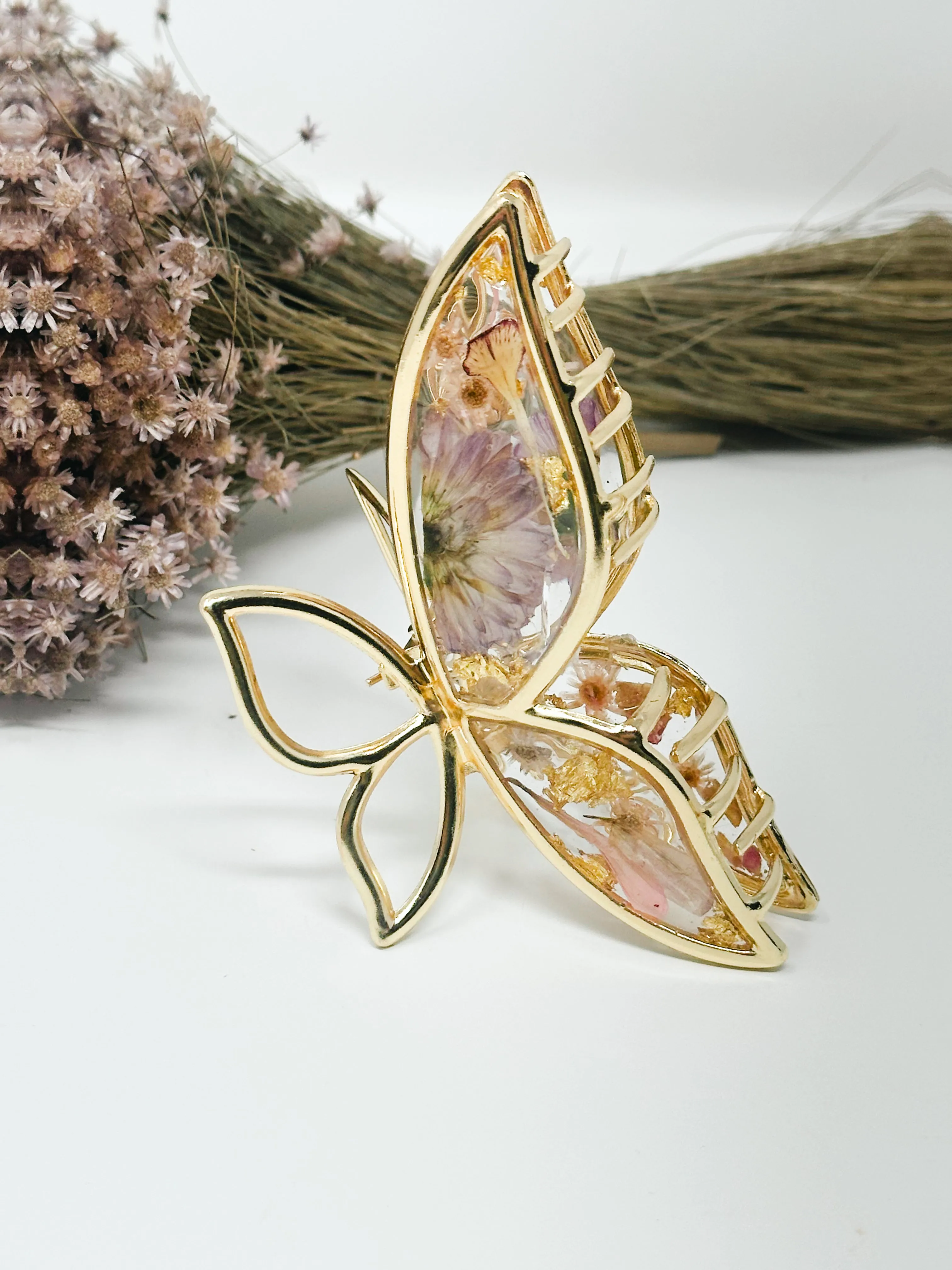 Purple Flower-Metal Butterfly Clip Infused with Real Flowers in Resin.