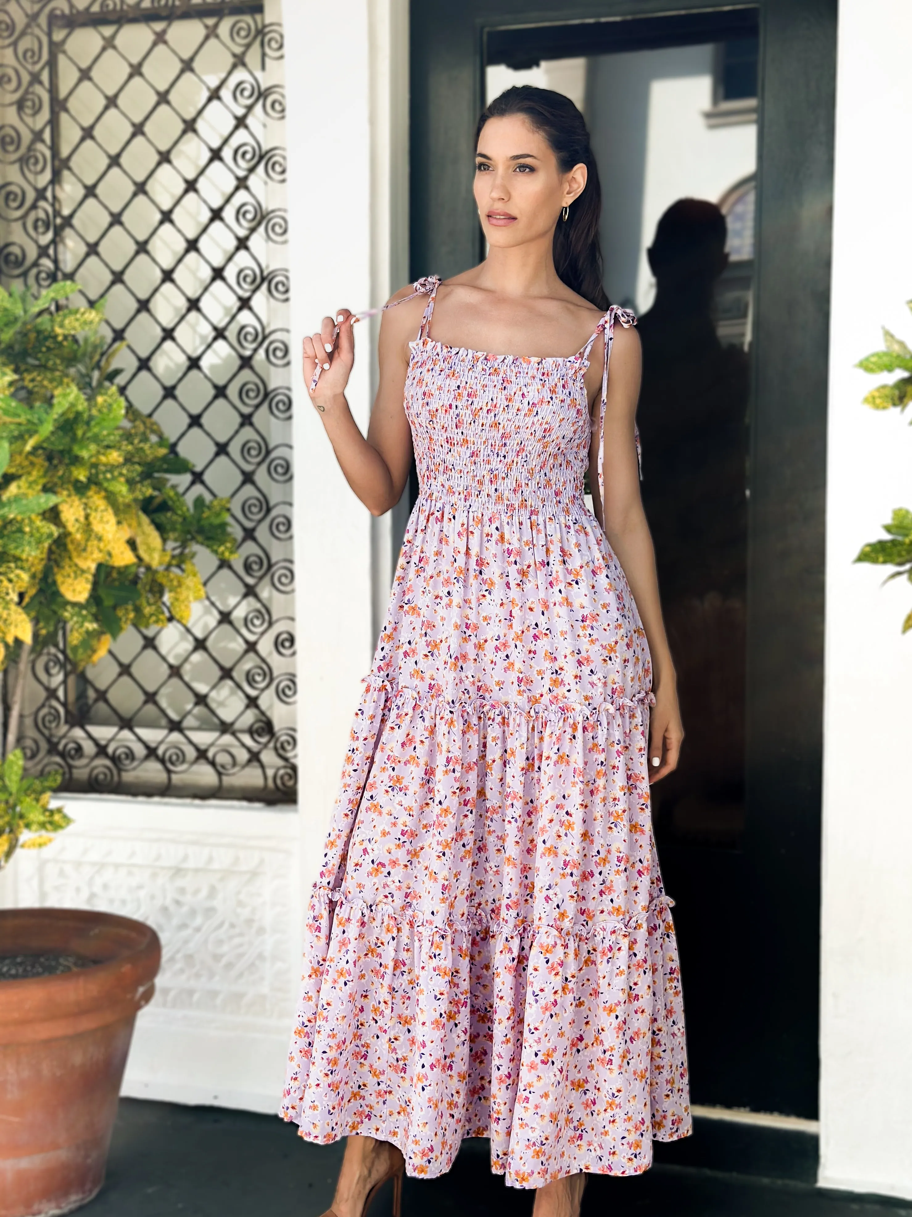 Purple Flowers with Straps Maxi Dress