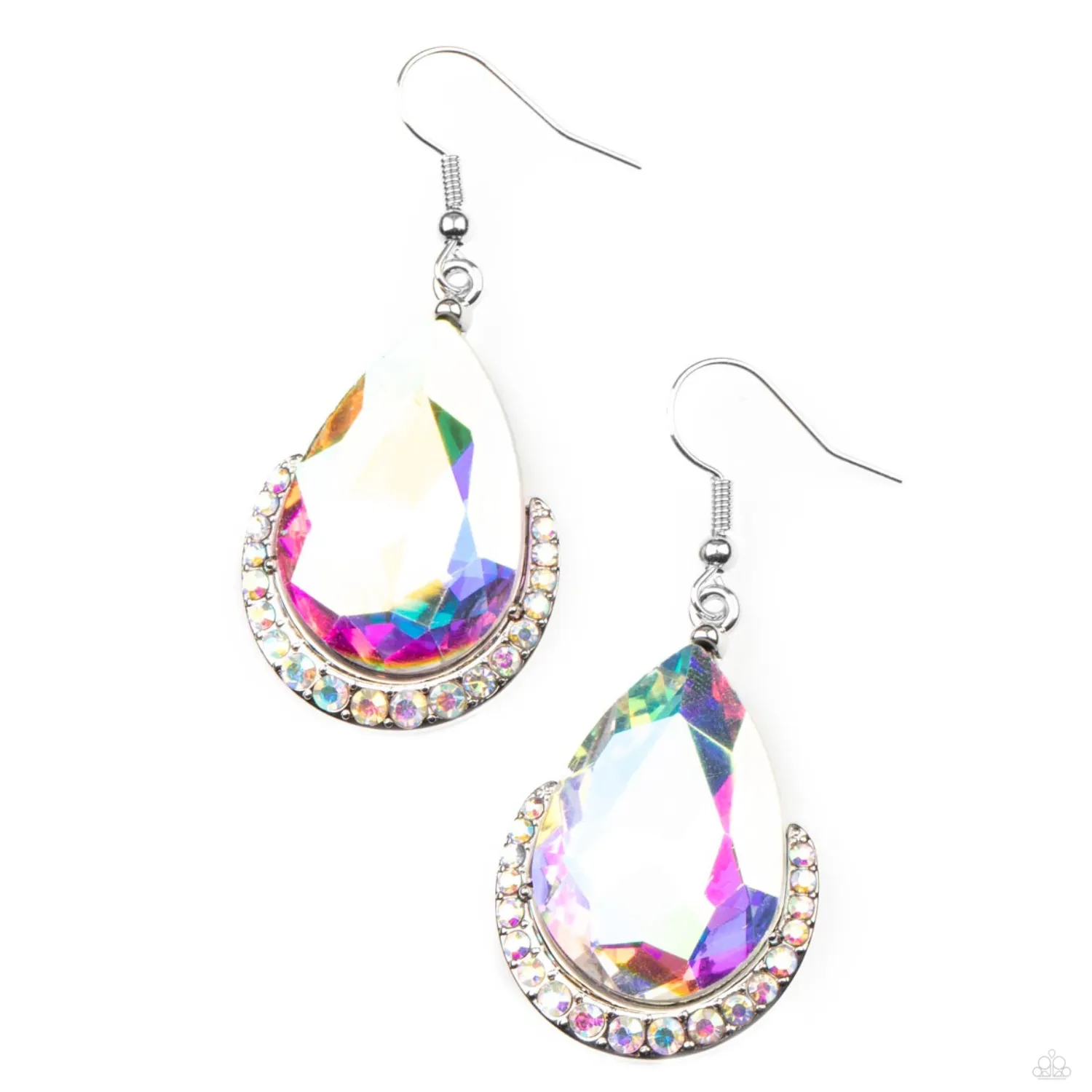 "Mega Marvelous" Silver Metal & Multi Iridescent Rhinestone Dangle Earrings
