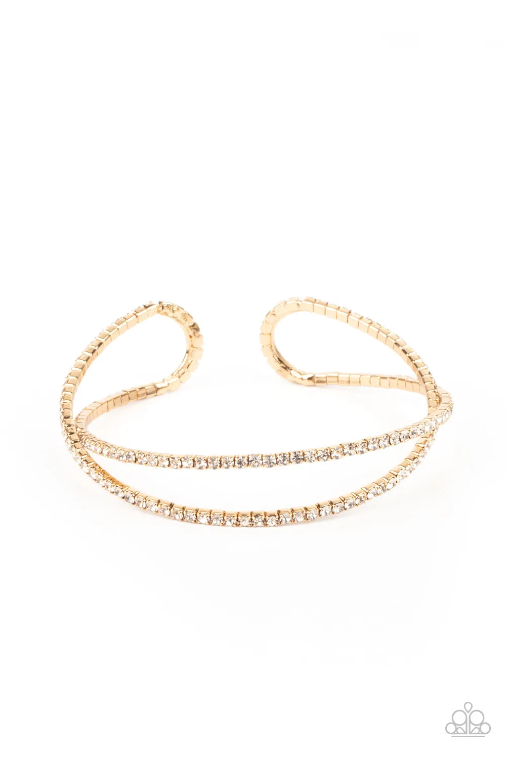 "Plus One Status" Gold Metal & Clear/White Rhinestone Crisscross Flexible Bracelet