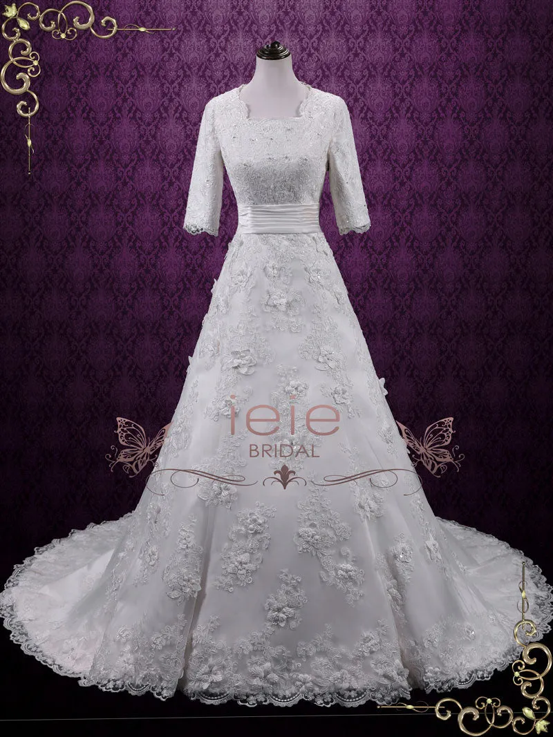 Ready to Wear Modest Lace A-line Wedding Dress with Sleeves AGNES