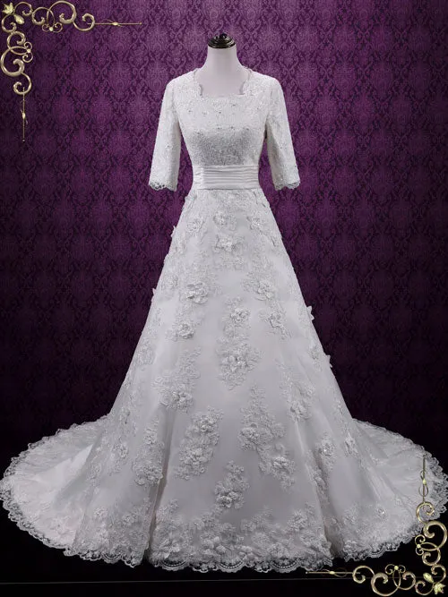 Ready to Wear Modest Lace A-line Wedding Dress with Sleeves AGNES