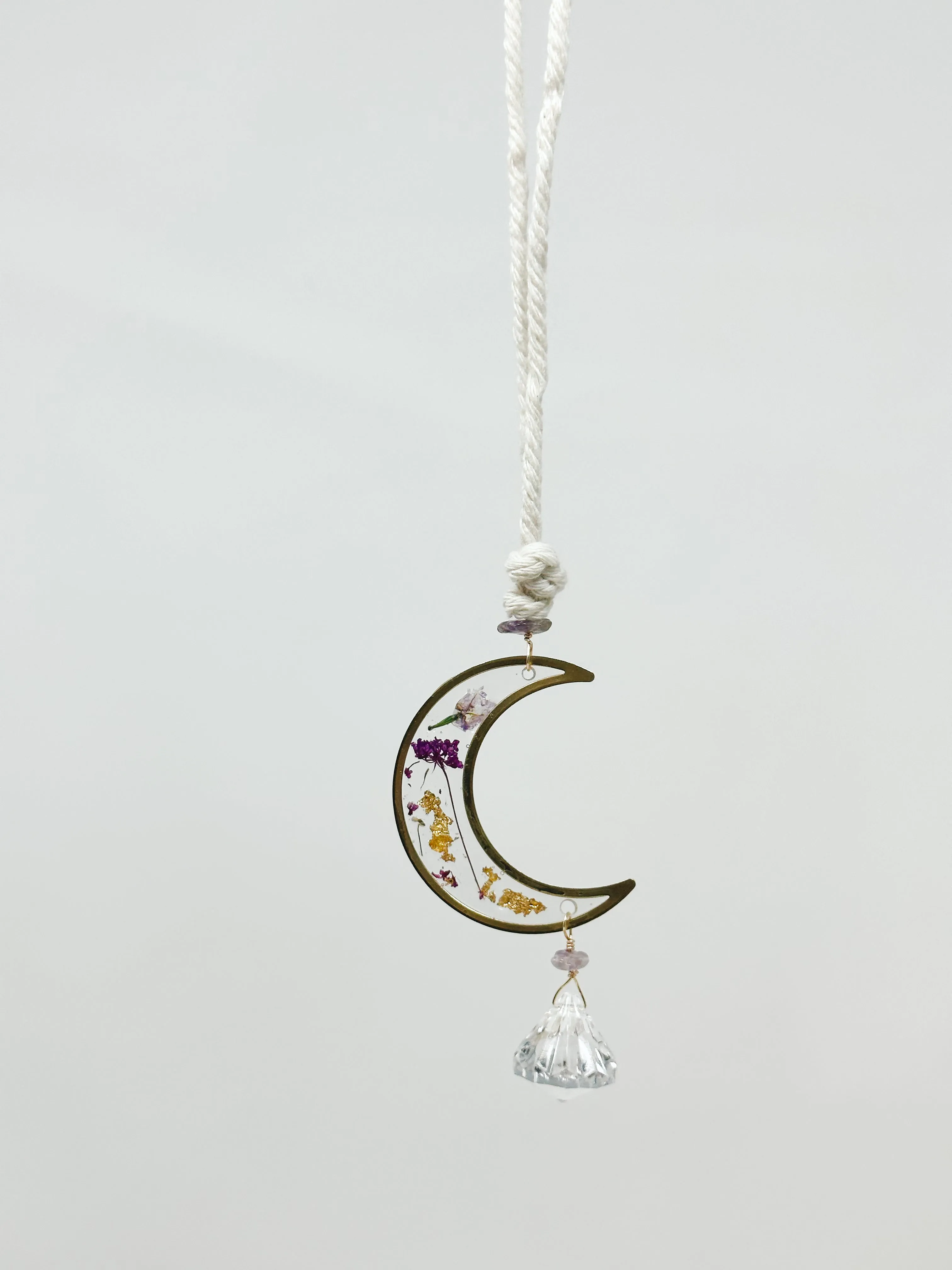 Rearview amethyst stone and purple pressed flower-Moon Sun Catcher Accessory