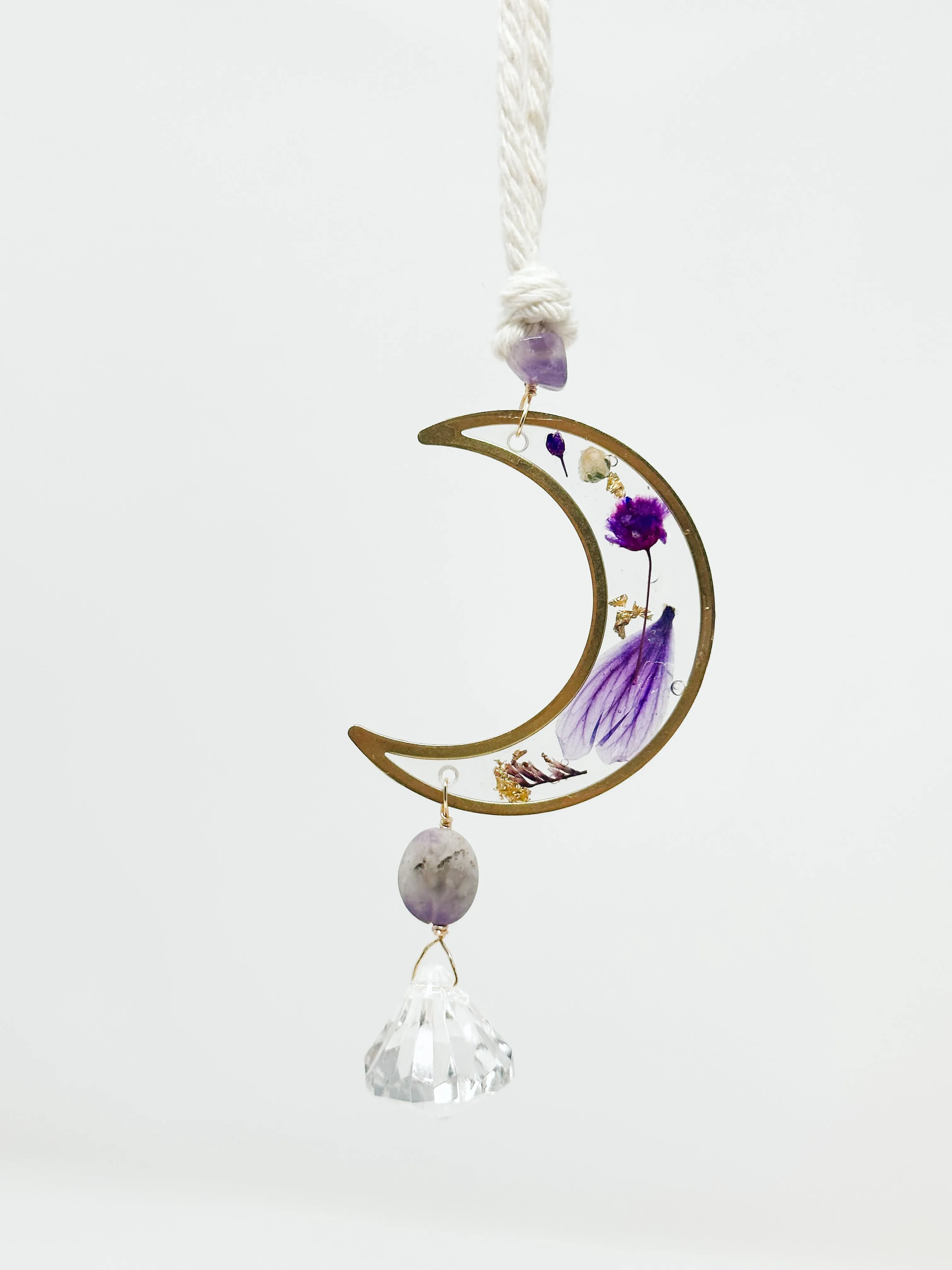 Rearview amethyst stone  pressed flower-Moon Sun Catcher Accessory