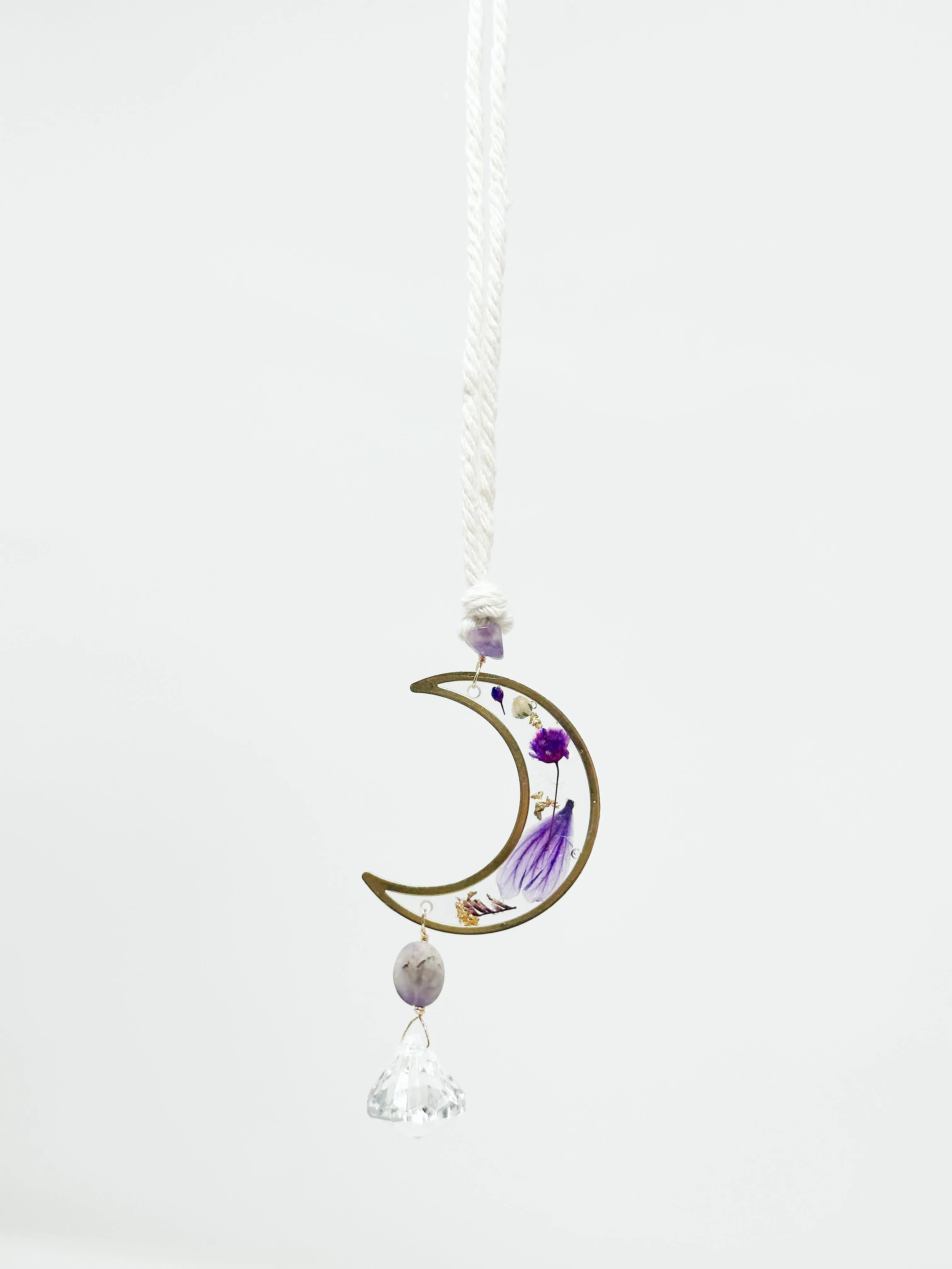 Rearview amethyst stone  pressed flower-Moon Sun Catcher Accessory