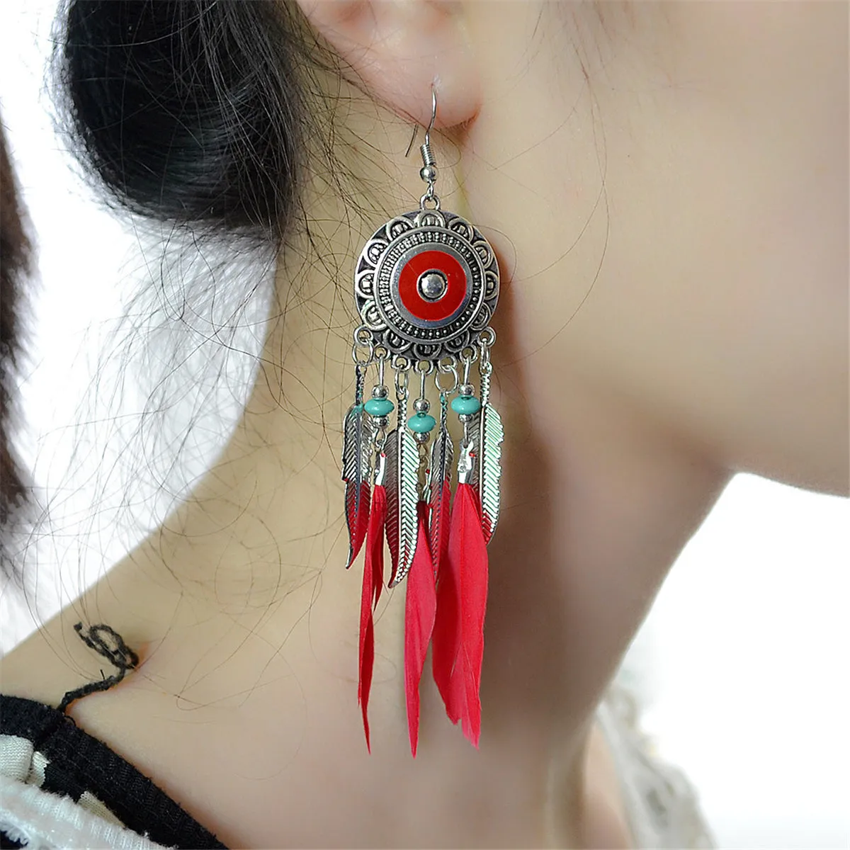 Red & Silver-Plated Feather Dreamcatcher Drop Earrings