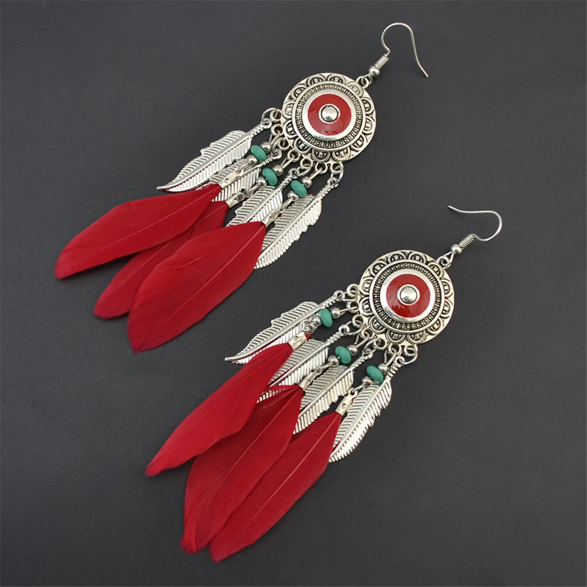 Red & Silver-Plated Feather Dreamcatcher Drop Earrings