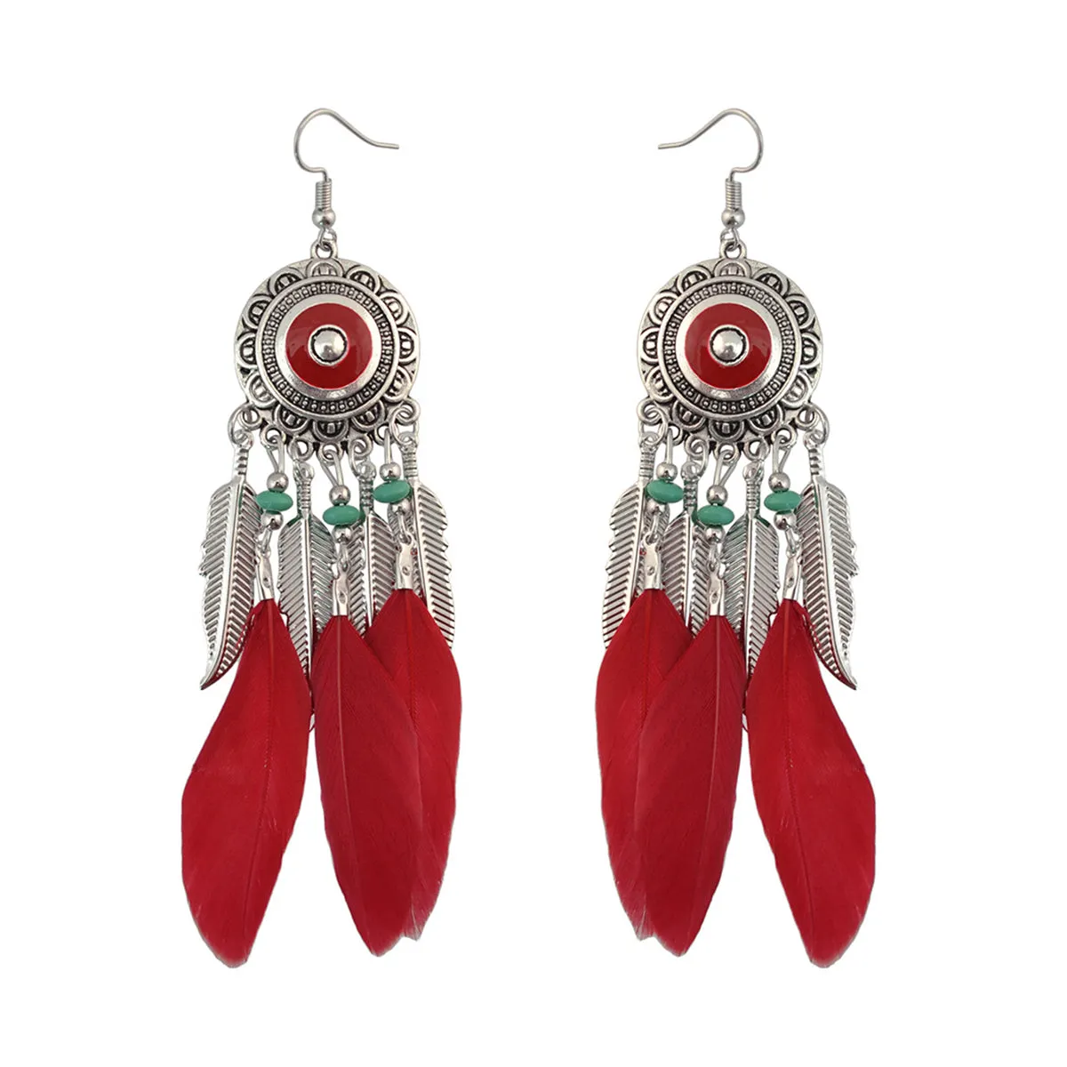 Red & Silver-Plated Feather Dreamcatcher Drop Earrings