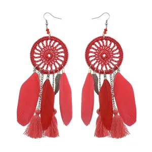 Red & Silver-Plated Wing Dreamcatcher Drop Earrings