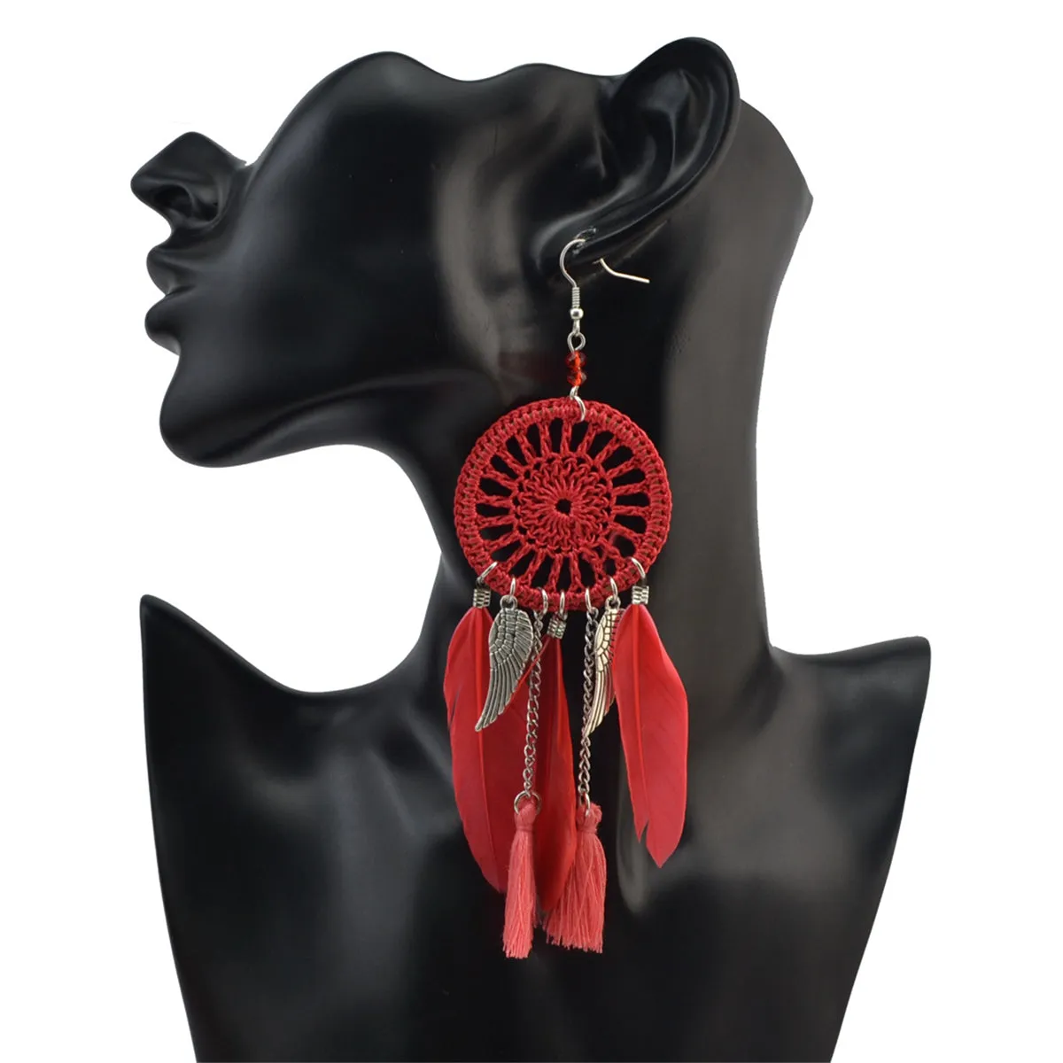 Red & Silver-Plated Wing Dreamcatcher Drop Earrings