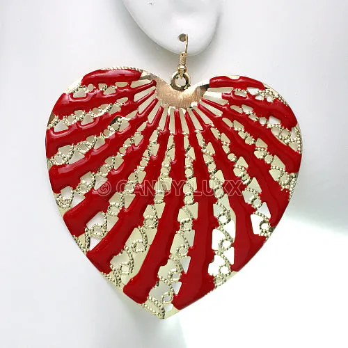 Red Filigree Dangle Heart Earrings