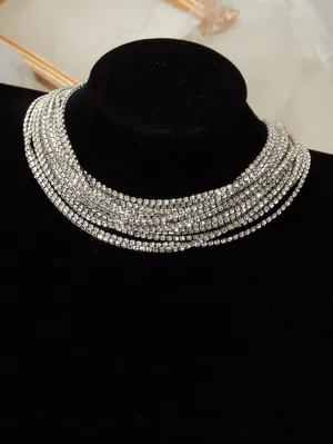 Rhinestone Decor Layered Necklace - Silver
