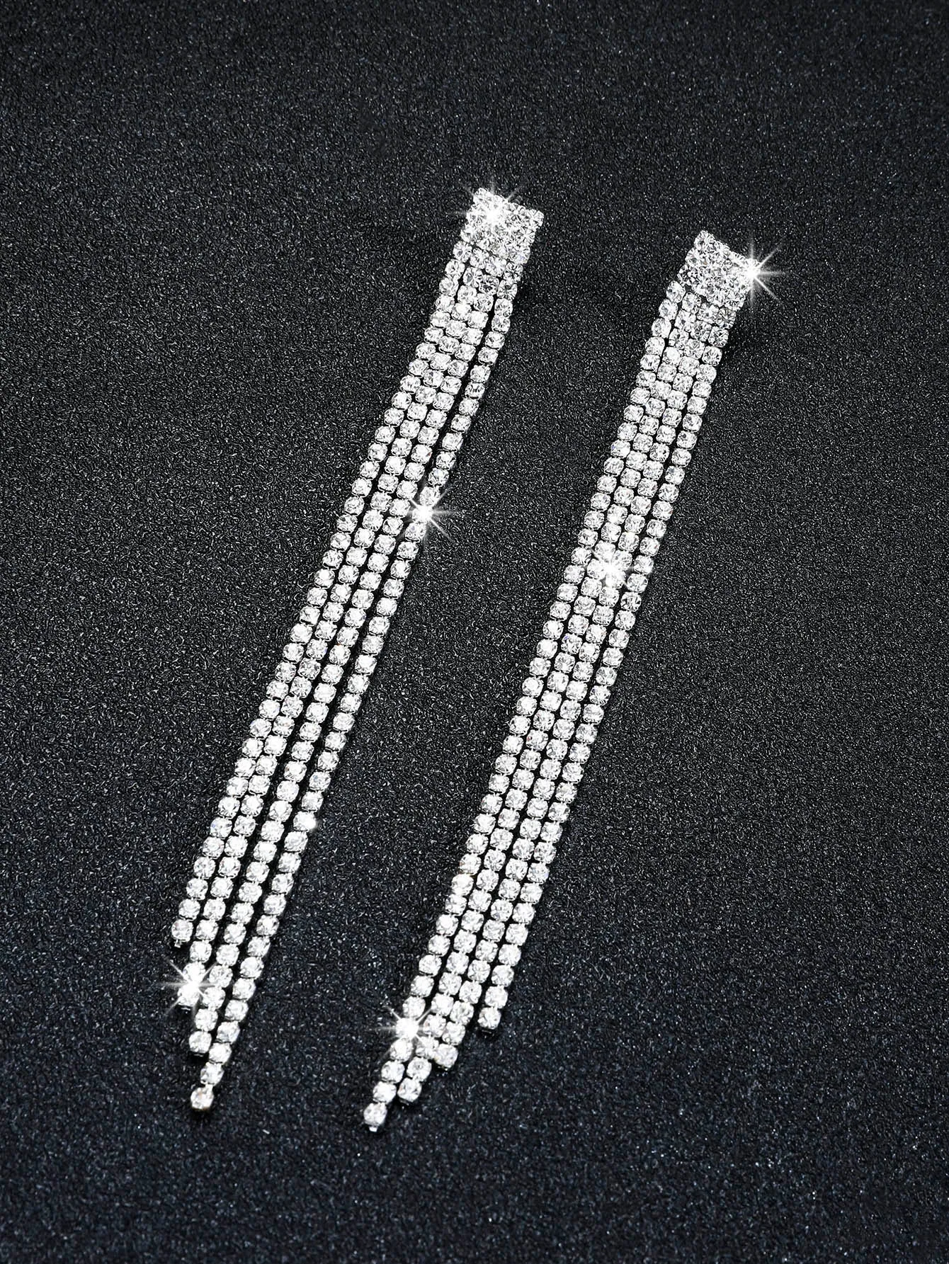 Rhinestone Tassel Drop Earrings - Silver