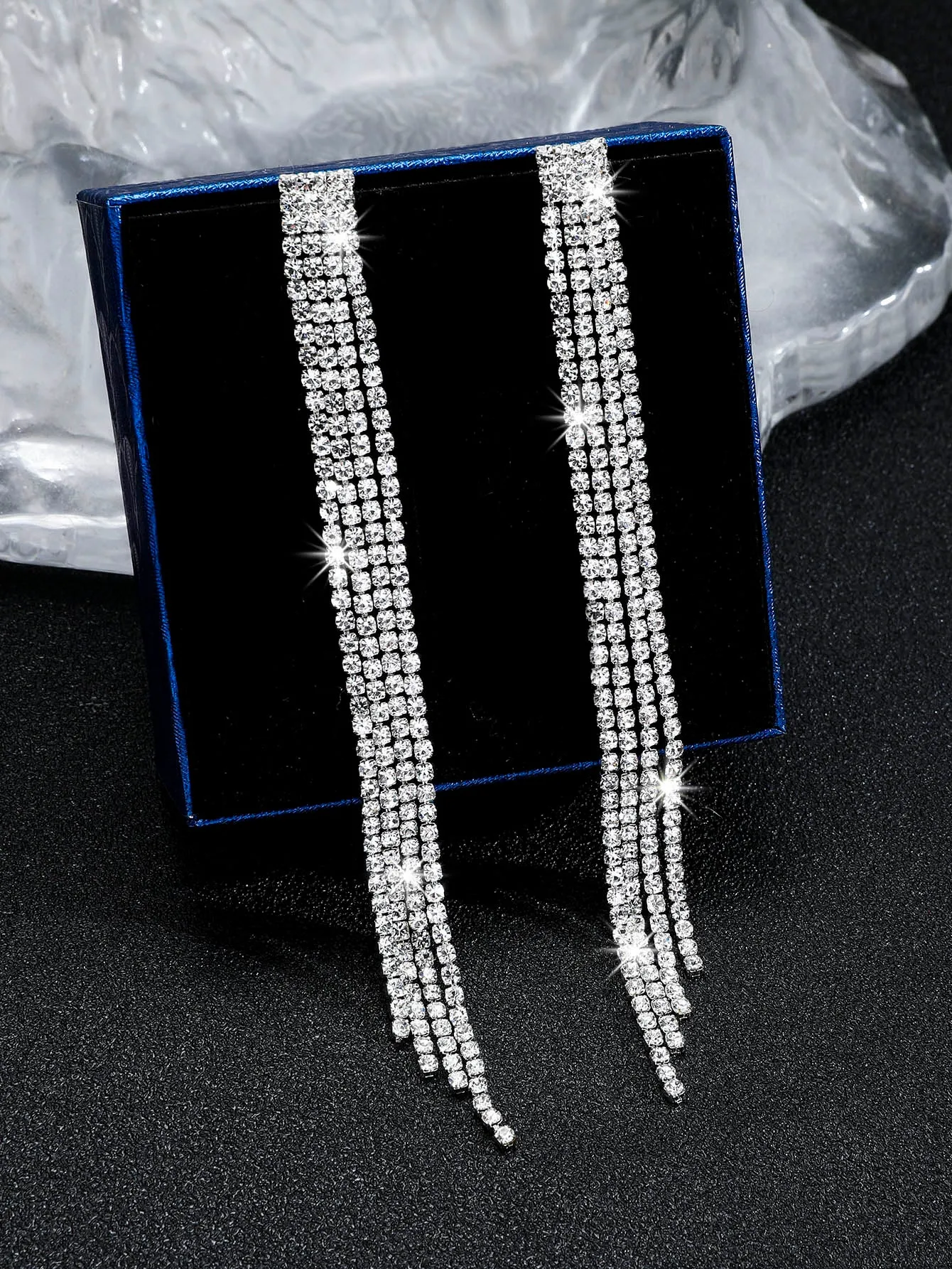 Rhinestone Tassel Drop Earrings - Silver