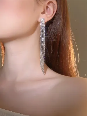 Rhinestone Tassel Drop Earrings - Silver