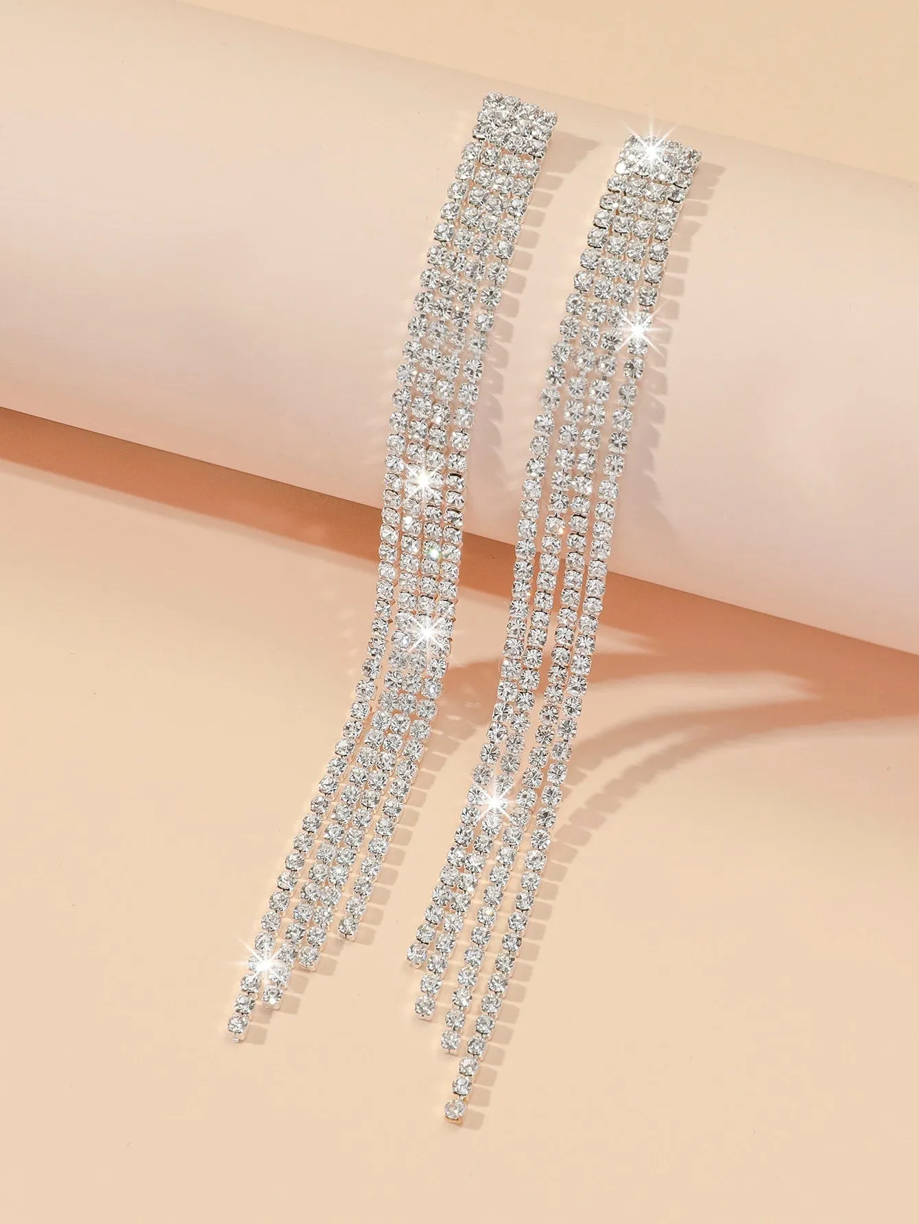 Rhinestone Tassel Drop Earrings - Silver