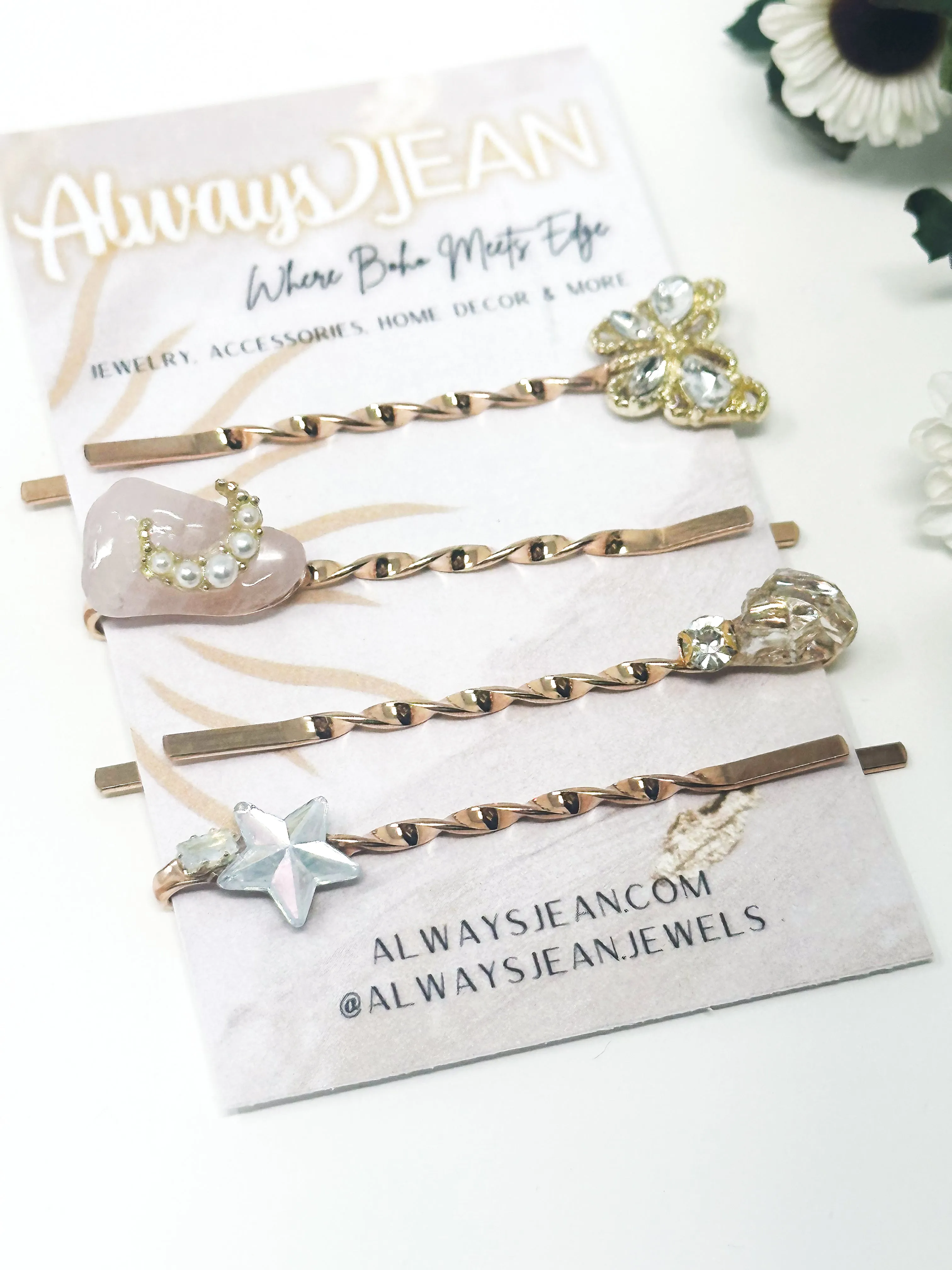 Rose Quartz and Butterfly Pin Set- Celestial, gemstone hair accessories- fun wedding hair accessories