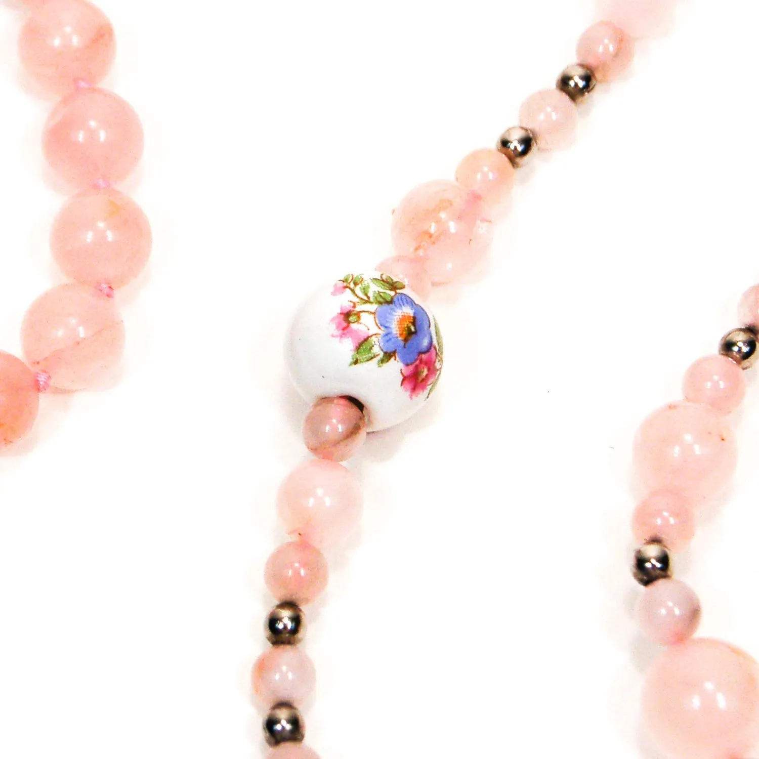 Rose Quartz and Porcelain Floral Bead Necklace