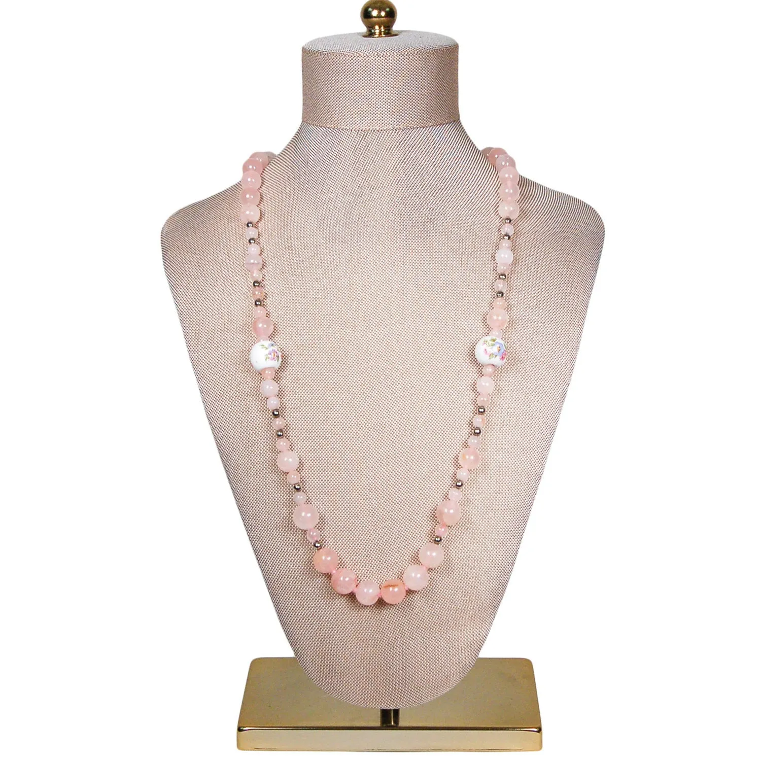 Rose Quartz and Porcelain Floral Bead Necklace