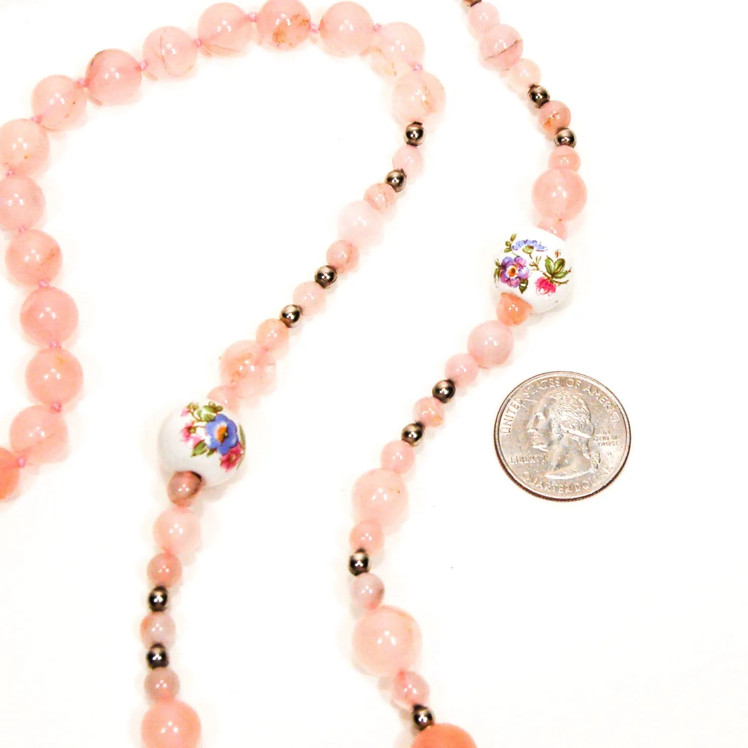 Rose Quartz and Porcelain Floral Bead Necklace