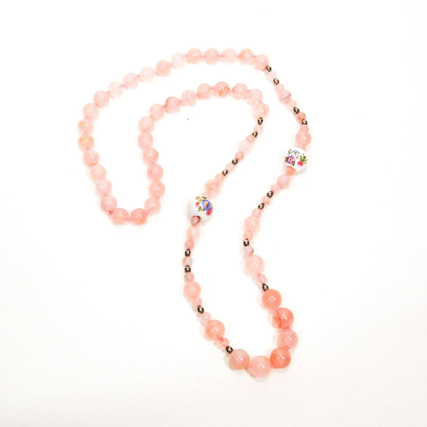 Rose Quartz and Porcelain Floral Bead Necklace