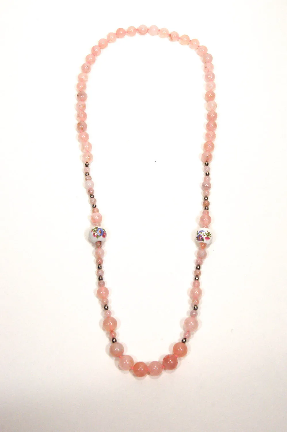 Rose Quartz and Porcelain Floral Bead Necklace