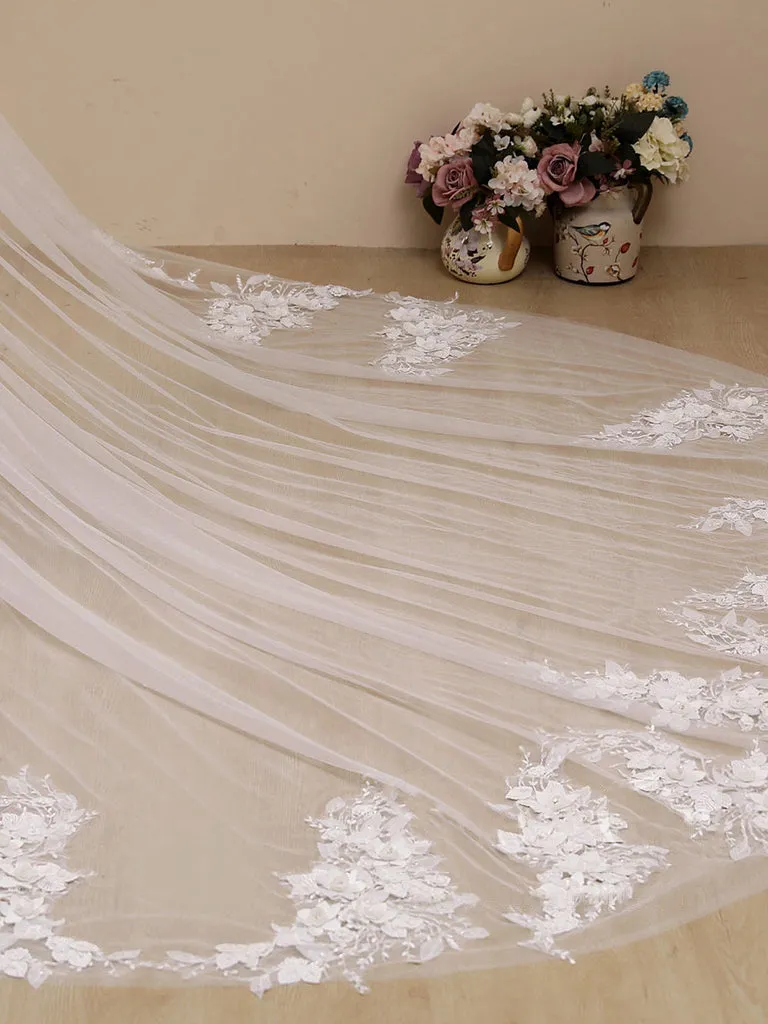 Roycebridal 3D Flower Lace with Rhinestones Cathedral Veil Bridal Veil Wedding Veil
