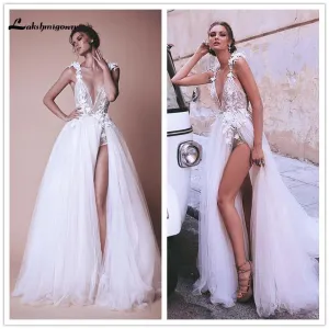 Roycebridal Flowers Beaded Bodice of Jumpsuit A-Line Wedding Dress