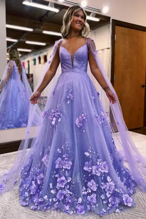 Roycebridal Lavender 3D Floral Lace A-Line Prom Dress with Cape Sleeves