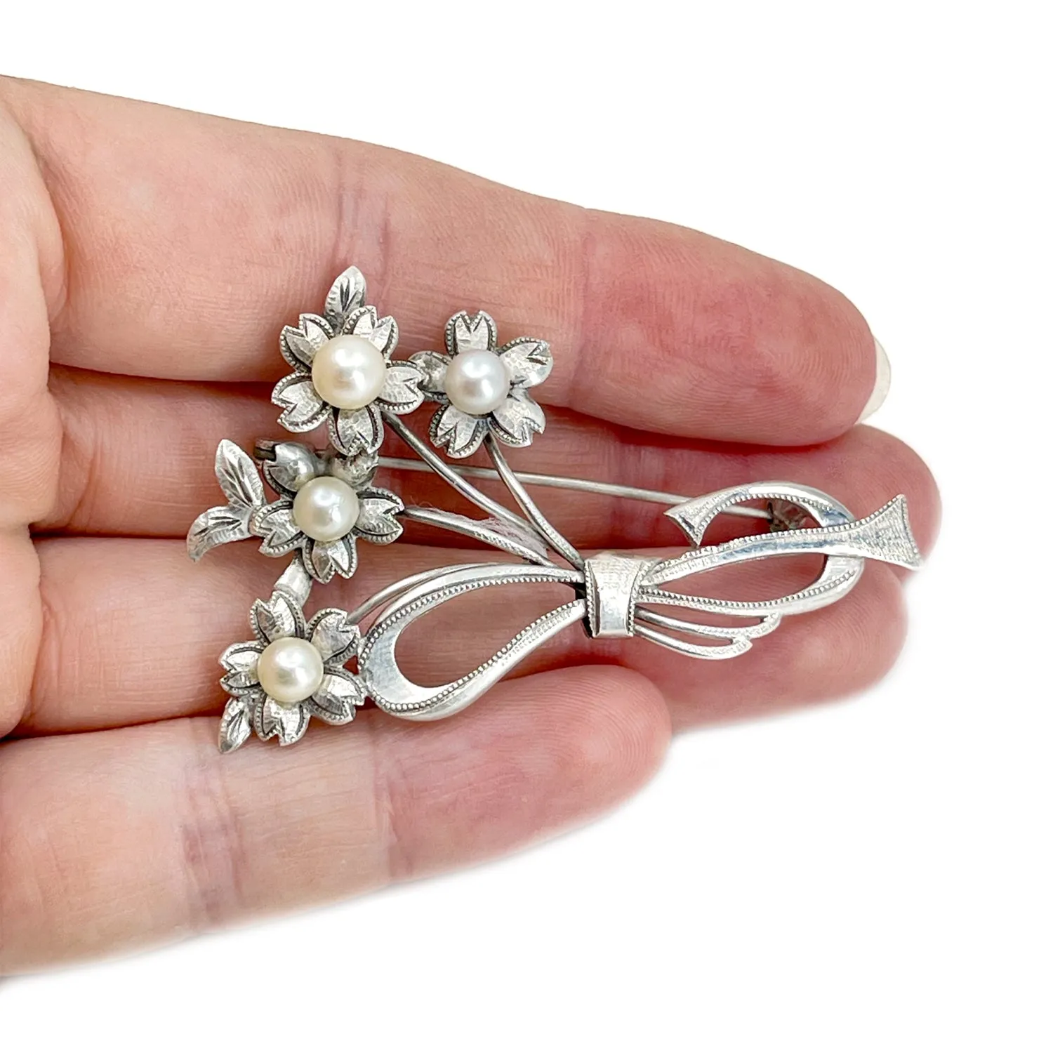 Sakura Cherry Blossom Antique Japanese Akoya Cultured Saltwater Pearl Brooch- Sterling Silver
