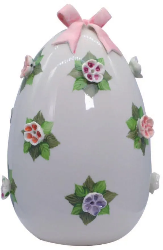 Sbordone egg pink bow and colorful flowers Ø10cm h.14cm porcelain made in Italy uo14fr/2