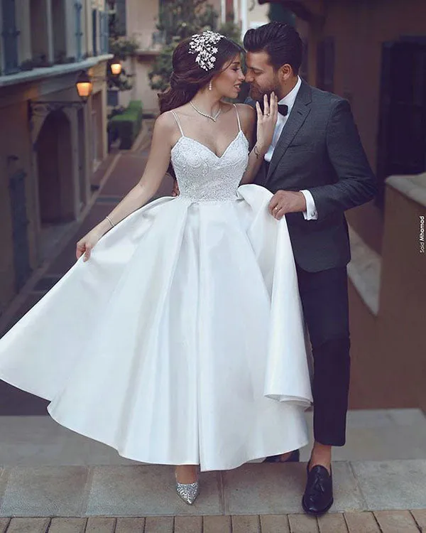 Sexy Spaghetti Straps Satin Wedding Dresses Ball Gown with Lace Appliques Ankle Length